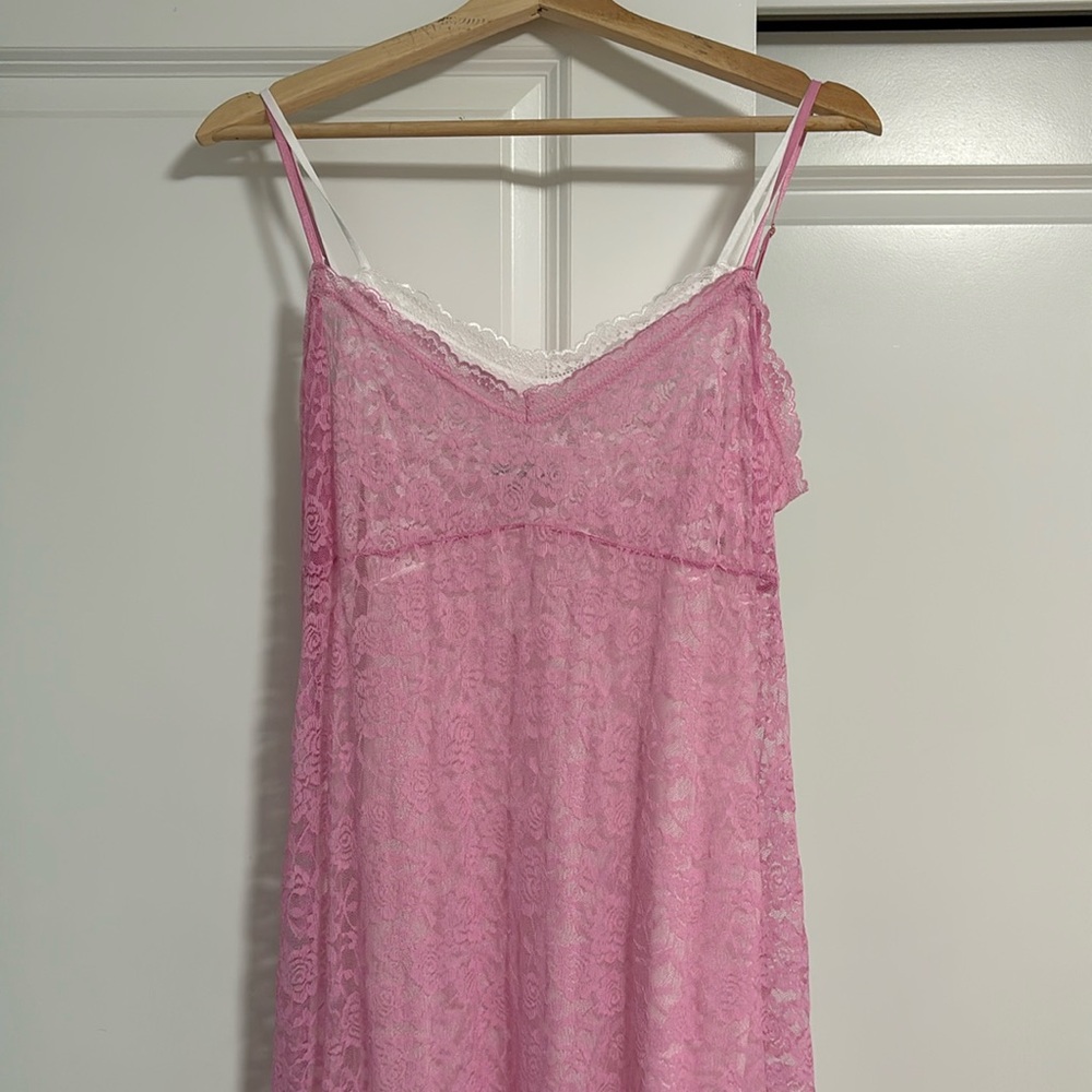 Pink white lace double lined stretchy sexy sheer maxi dress adjustable straps